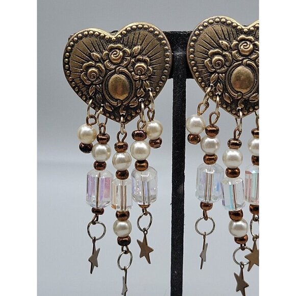 Floral Heart Dangling Faux Pearl Clip-on Earrings Irridescent Bead Stars Vintage - Picture 4 of 11